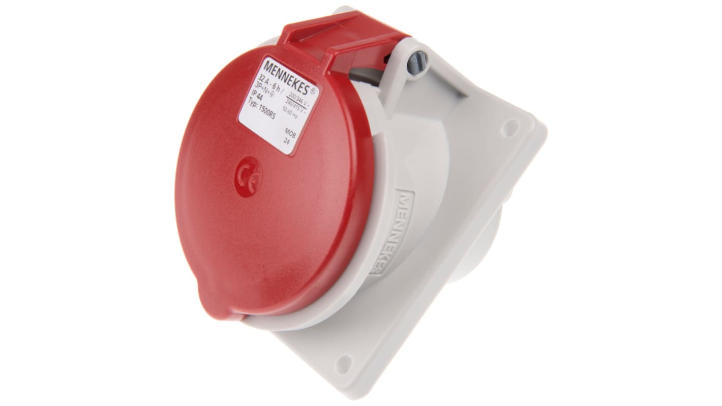 MENNEKES IP44 Red Panel Mount 3P + N + E Angled Industrial Power Socket, Rated At 32A, 400 V