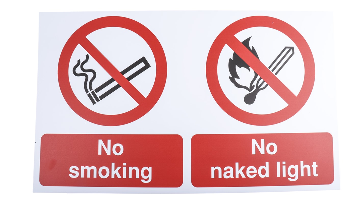 Znak zákazu, Plast, Černá/červená/bílá Zákaz kouření, text No Naked Light, No Smoking Angličtina Ne Značka