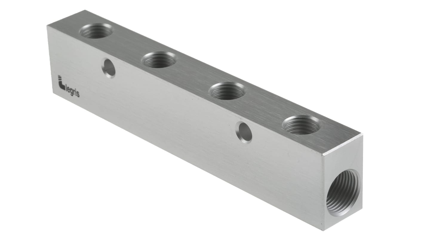 Manifold Legris, serie 3311, 1 ingresso G 3/8 Femmina, 4 uscite G 1/4 Femmina, in Alluminio anodizzato 20 bar