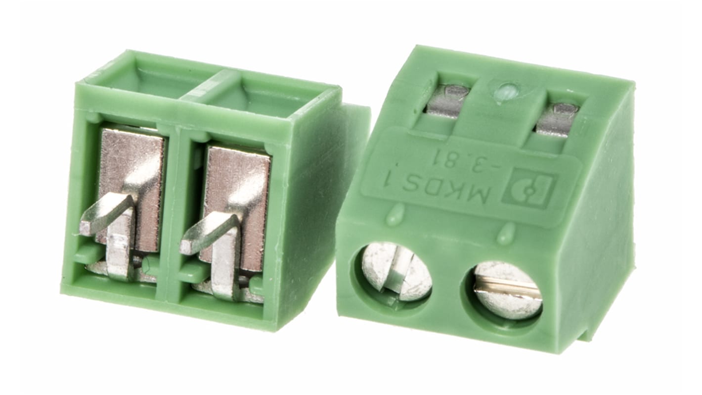 Phoenix Contact MKDS 1/ 2-3.81 Series PCB Terminal Block, 2-Contact, 3.81mm Pitch, Through Hole Mount, 2-Row, Solder