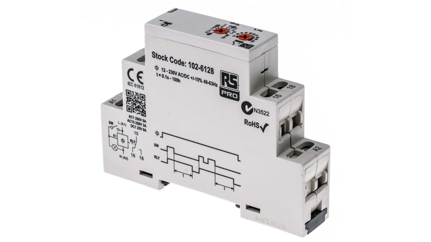 RS PRO DIN Rail Mount Timer Relay, 12 → 230V ac/dc, 0.1 s → 100h, SPDT