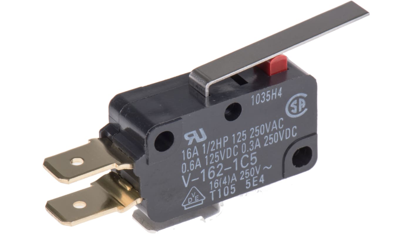 Mikrokapcsoló SPDT, müködtető típusa: Hosszú zsanéros kar, 16 A 250 V AC esetén