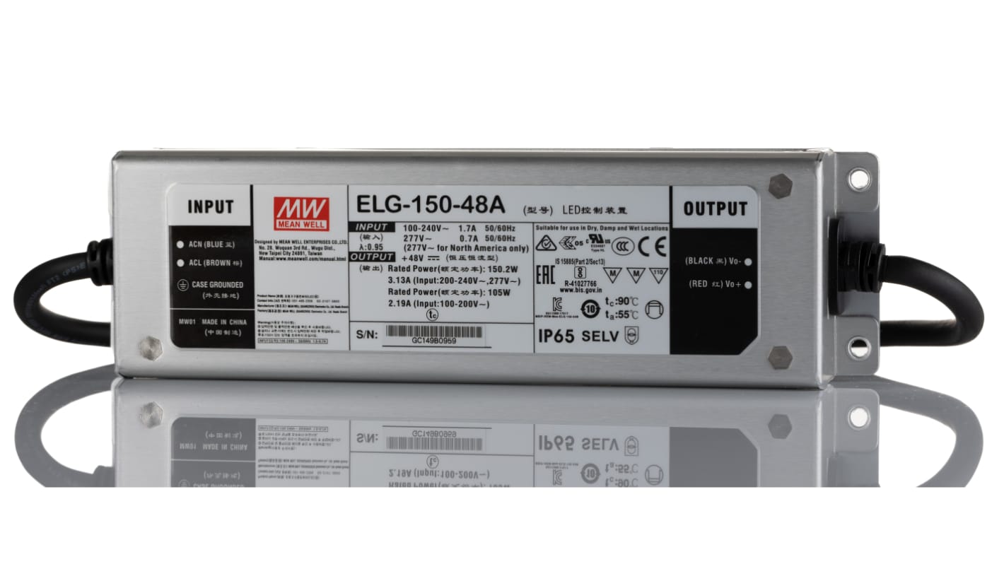 Driver LED corriente/tensión constante MEAN WELL ELG-150 de salidas, IN: 180 → 305 V ac, 254 → 431 V dc,