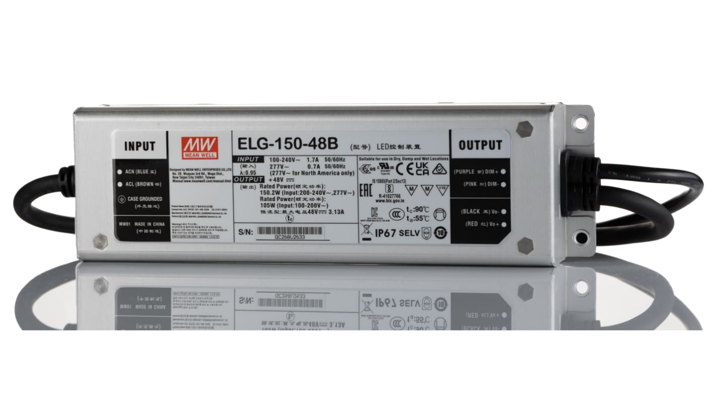 Driver LED corriente/tensión constante MEAN WELL ELG-150 de salidas, IN: 180 → 305 V ac, 254 → 431 V dc,