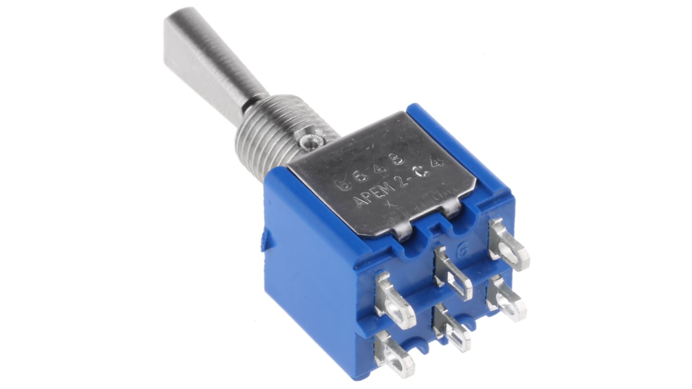 APEM Toggle Switch, Panel Mount, On-Off-(On), DPST, Solder Terminal