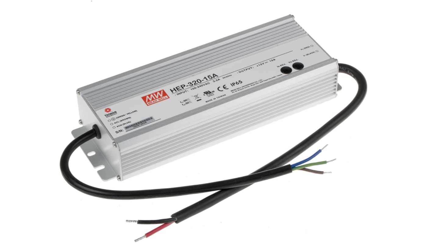 Alimentatore switching MEAN WELL HEP-320-15A, 285W, ingresso 127 → 431 V dc, 90 → 305 V ac, uscita 15V