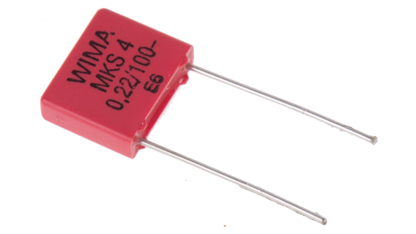 WIMA MKS4 Polyester Film Capacitor, 63 V ac, 100 V dc, ±10%, 220nF, Through Hole