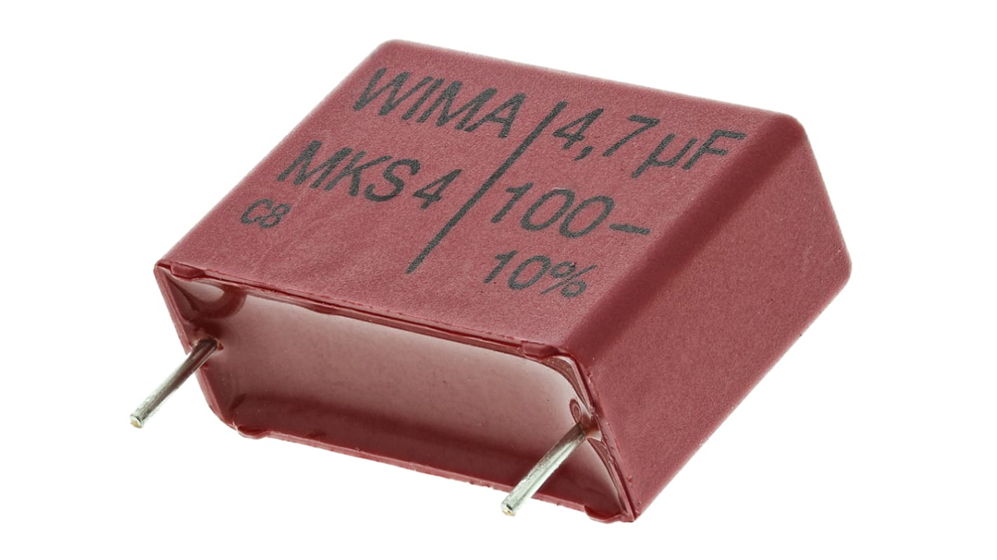 WIMA MKS4 Polyester Film Capacitor, 63 V ac, 100 V dc, ±10%, 4.7μF, Through Hole