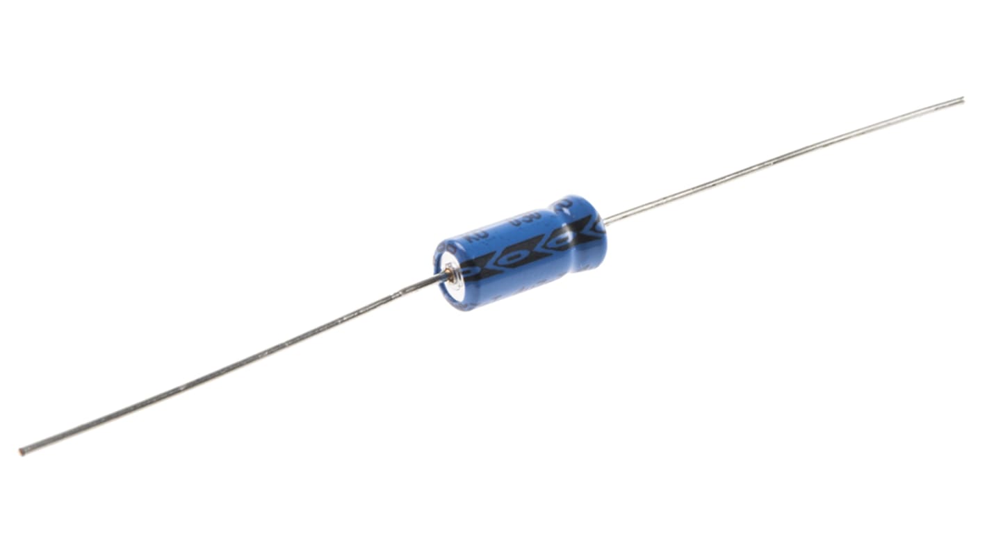 Condensador electrolítico Vishay serie 030 AS, 4.7μF, -10 to +50%, 63V dc, Axial, Orificio pasante, 4.5 (Dia.) x 10mm