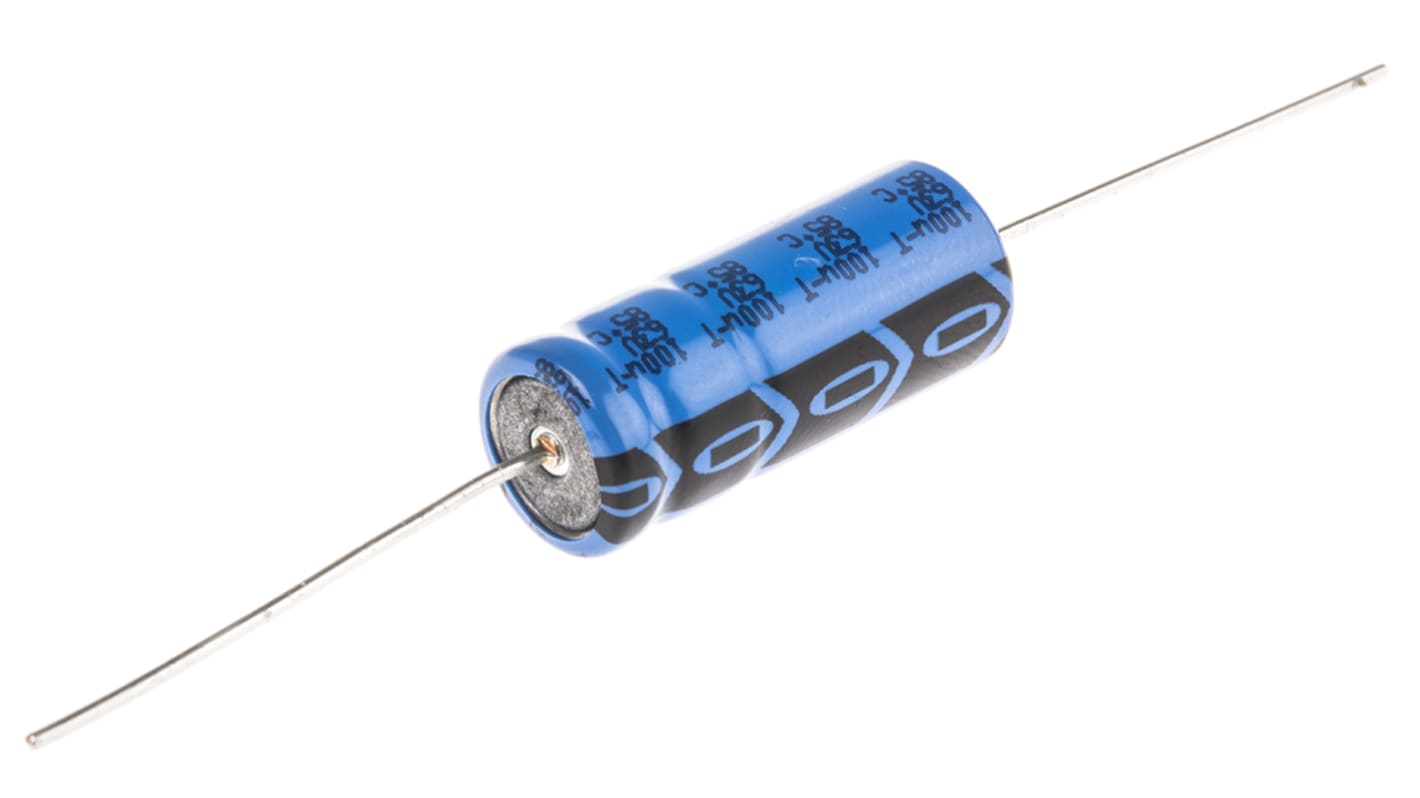 Condensador electrolítico Vishay serie 031 AS, 100μF, -10 → +50%, 63V dc, Axial, Orificio pasante, 10 (Dia.) x
