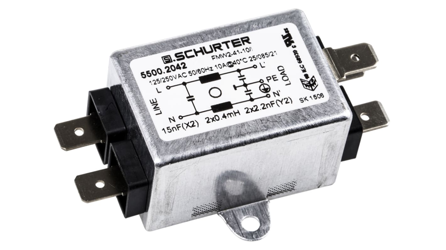 Schurter, FMW2 10A 250 V ac 60Hz, Flange Mount RFI Filter, Solder Tab, Single Phase