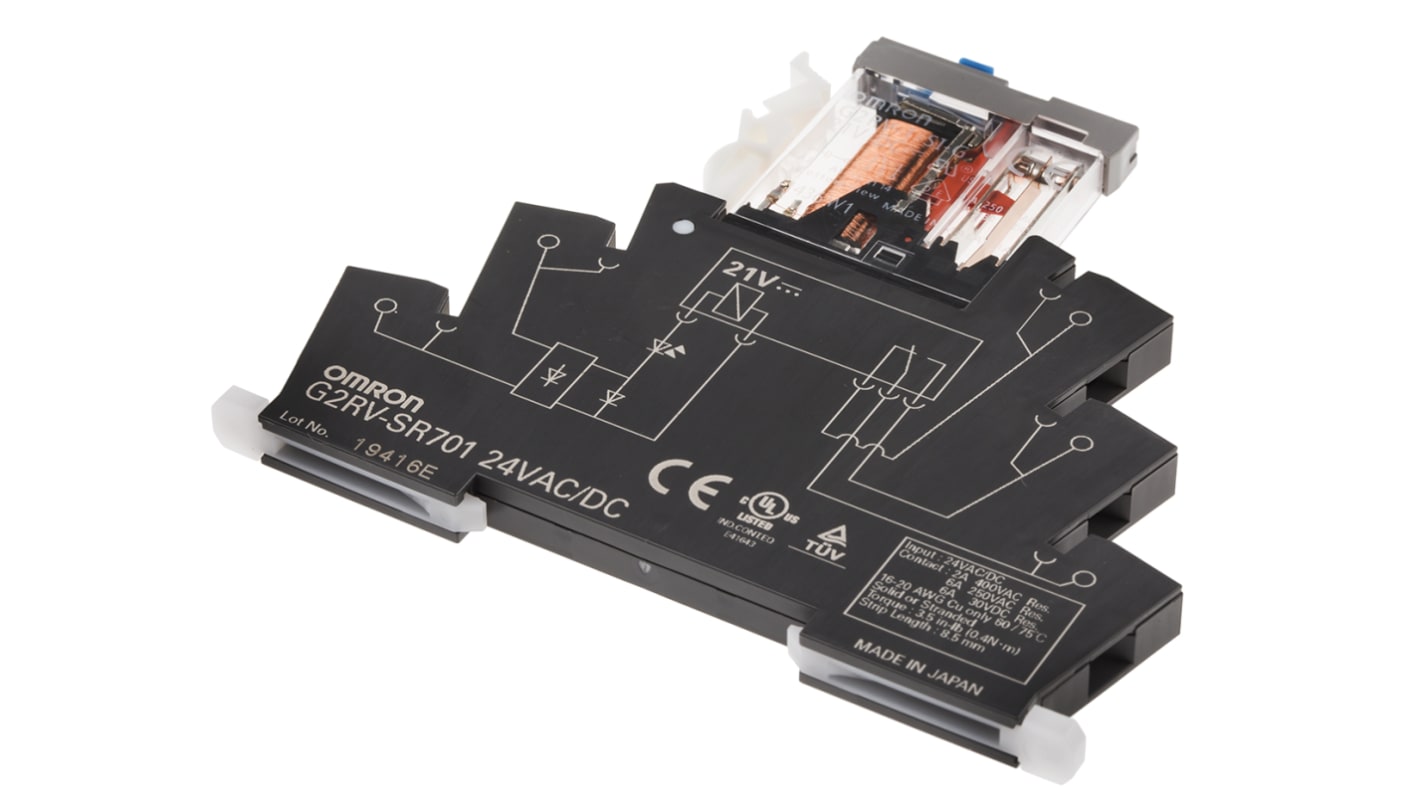 Relé de potencia sin enclavamiento Omron G2RV de 1 polo, SPDT, bobina 24V ac/dc, 6A, Carril DIN