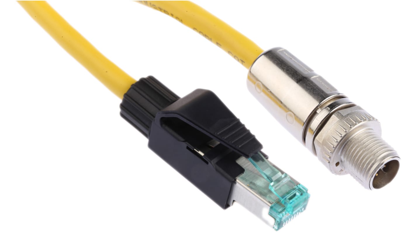 HARTING Cat6a Straight Male M12 to Straight Male RJ45 Ethernet Cable, Yellow PUR Sheath, 2m