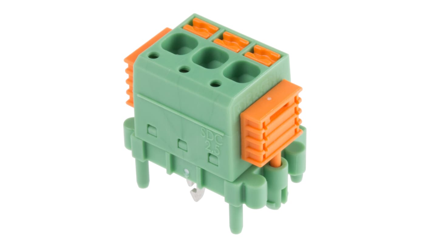 Phoenix Contact SDC 2.5/ 3-PV-5.0-ZB Series PCB Terminal Block, 3-Contact, 5mm Pitch, Through Hole Mount, 1-Row, Screw