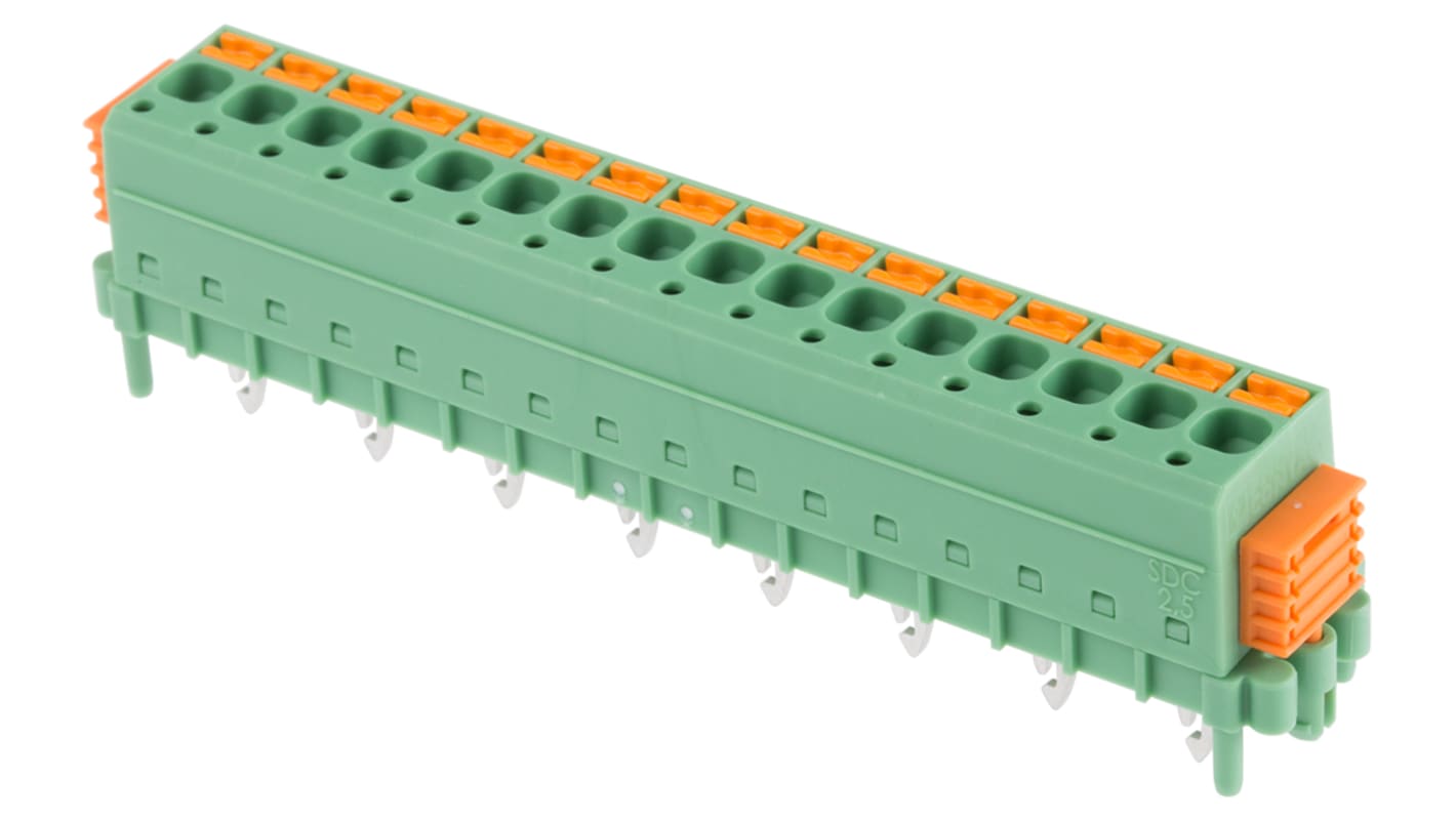 Phoenix Contact SDC 2.5/16-PV-5.0-ZB Series PCB Terminal Block, 16-Contact, 5mm Pitch, Through Hole Mount, 1-Row, Screw