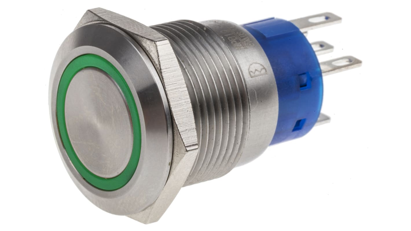 RS PRO Illuminated Push Button Switch, Latching, Panel Mount, 19.2mm Cutout, SPDT, Green LED, 250V ac, IP67