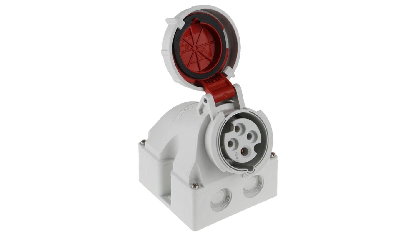 Conector de potencia industrial Hembra, Formato 4P, Orientación 25 °, Rojo, 400 V, 16A, IP67