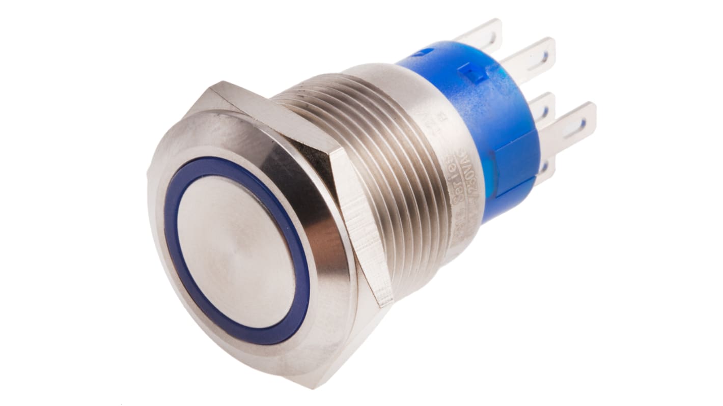 RS PRO Illuminated Push Button Switch, Momentary, Panel Mount, 19.2mm Cutout, DPDT, Blue LED, 250V ac, IP67