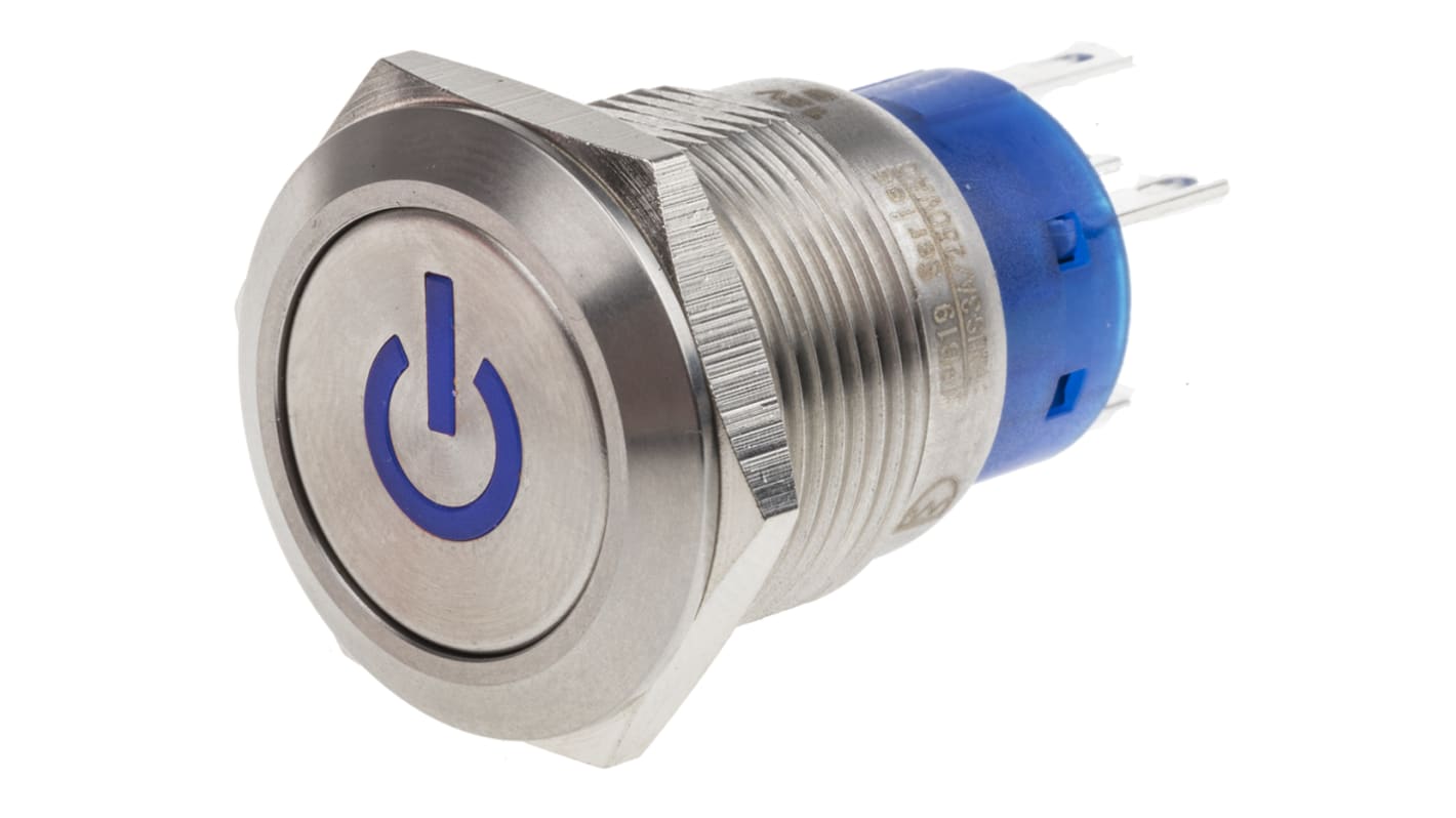 RS PRO Illuminated Push Button Switch, Latching, Panel Mount, 19mm Cutout, SPDT, Blue LED, 250V ac, IP67