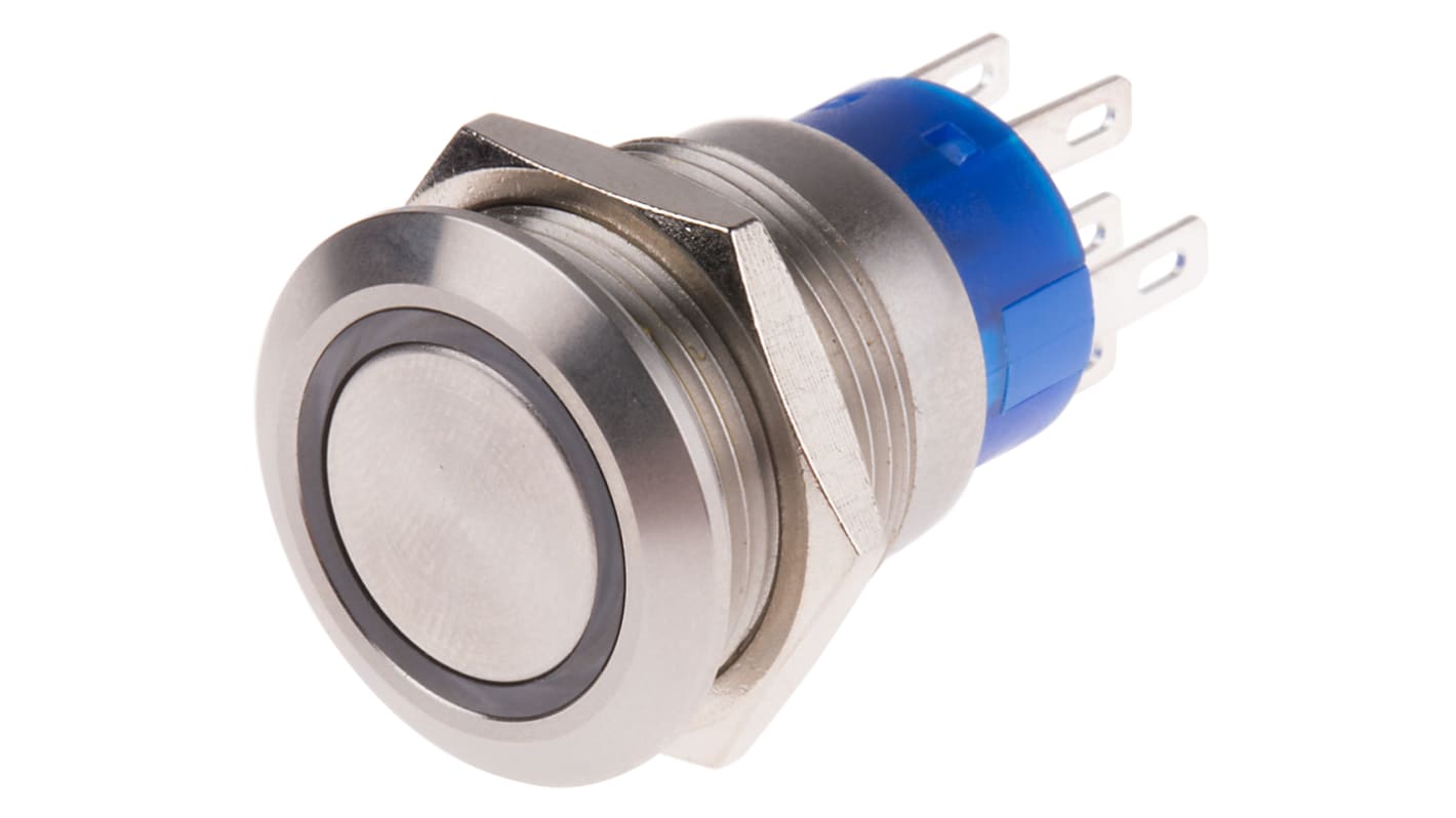 RS PRO Illuminated Push Button Switch, Latching, Panel Mount, 19.2mm Cutout, DPDT, Blue LED, 250V ac, IP67