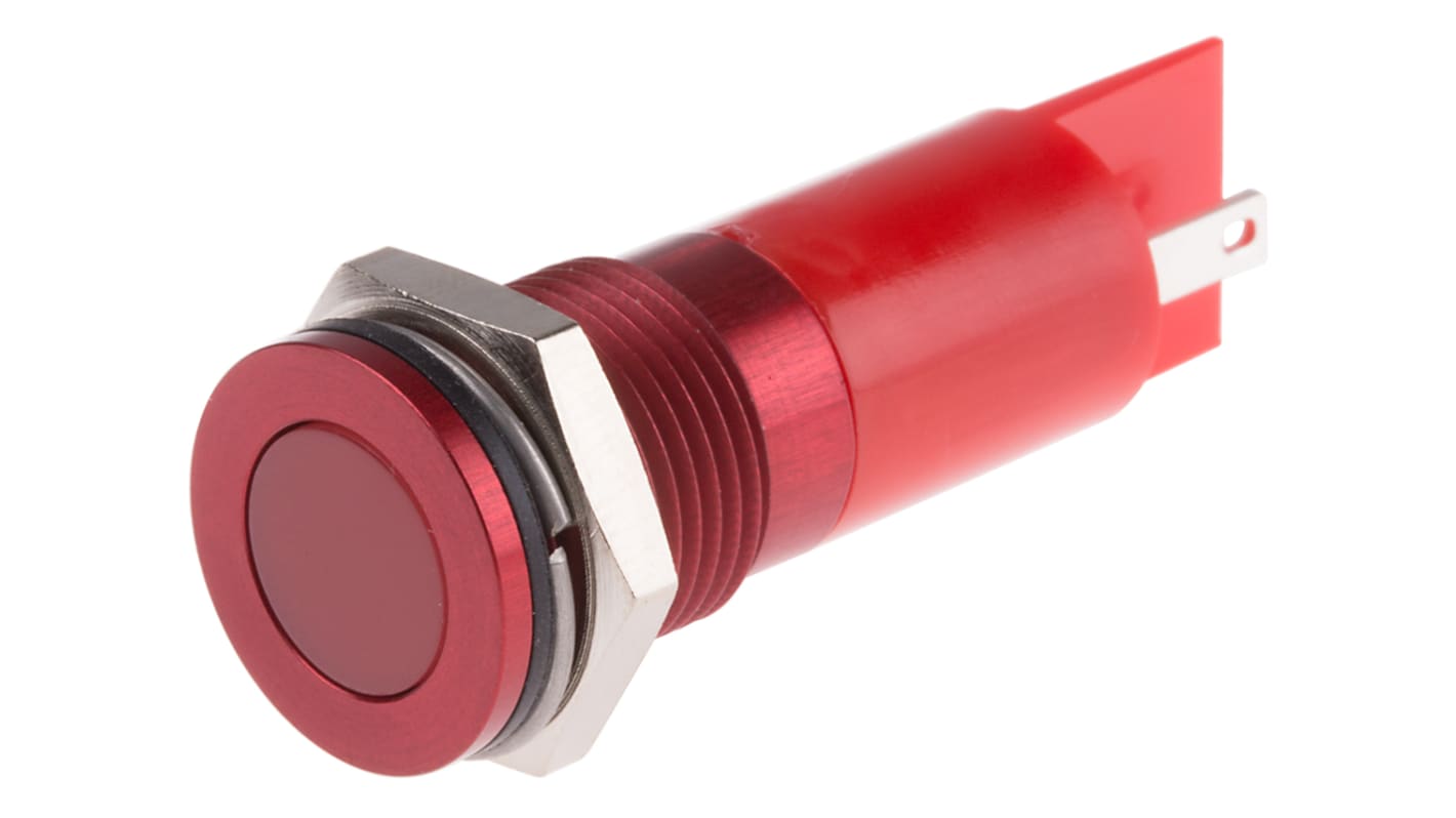 RS PRO Red Panel Mount Indicator, 12V dc, 14mm Mounting Hole Size, Faston, Solder Lug Termination, IP67