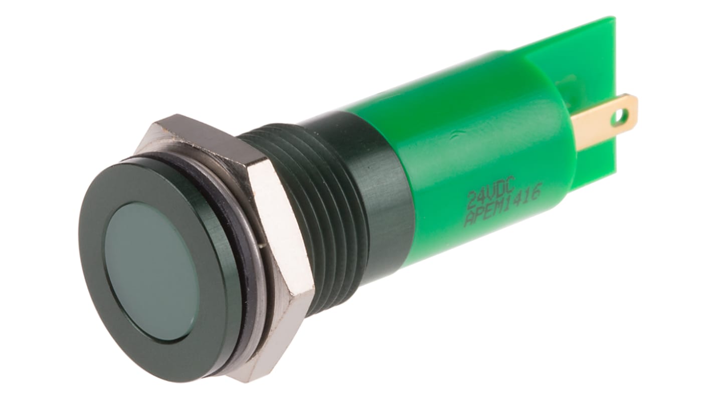 RS PRO Green Panel Mount Indicator, 24V dc, 14mm Mounting Hole Size, Faston, Solder Lug Termination, IP67