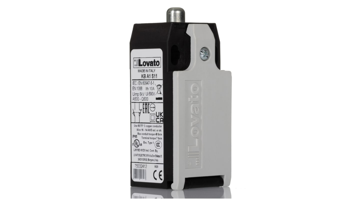 Lovato K Series Plunger Limit Switch, NO/NC, IP20, IP65, SPST-NC, SPST-NO, Thermoplastic Housing, 690V ac Max, 10A Max