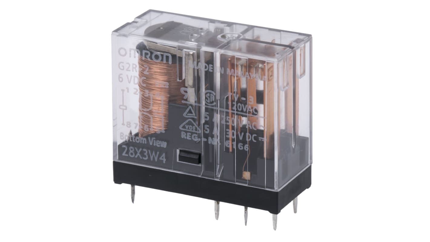 Relé de potencia sin enclavamiento Omron G2R de 2 polos, DPDT, bobina 6V dc, 5A, Montaje en PCB