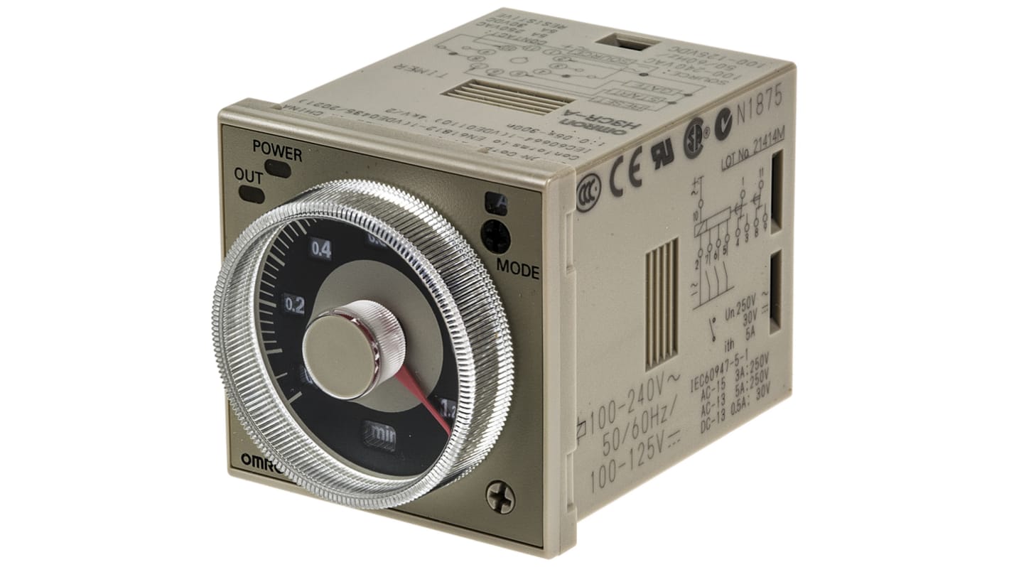 Timer Relay Szyna DIN, montaż panelowy 100 → 125 V dc, 100 → 240V ac 2-stykowy Omron DPDT 0.05 s →