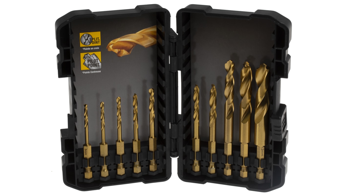 DeWALT 10-Piece Twist Drill Bit Set for Multi-Material, 12mm Max, 3mm Min, Titanium Bits