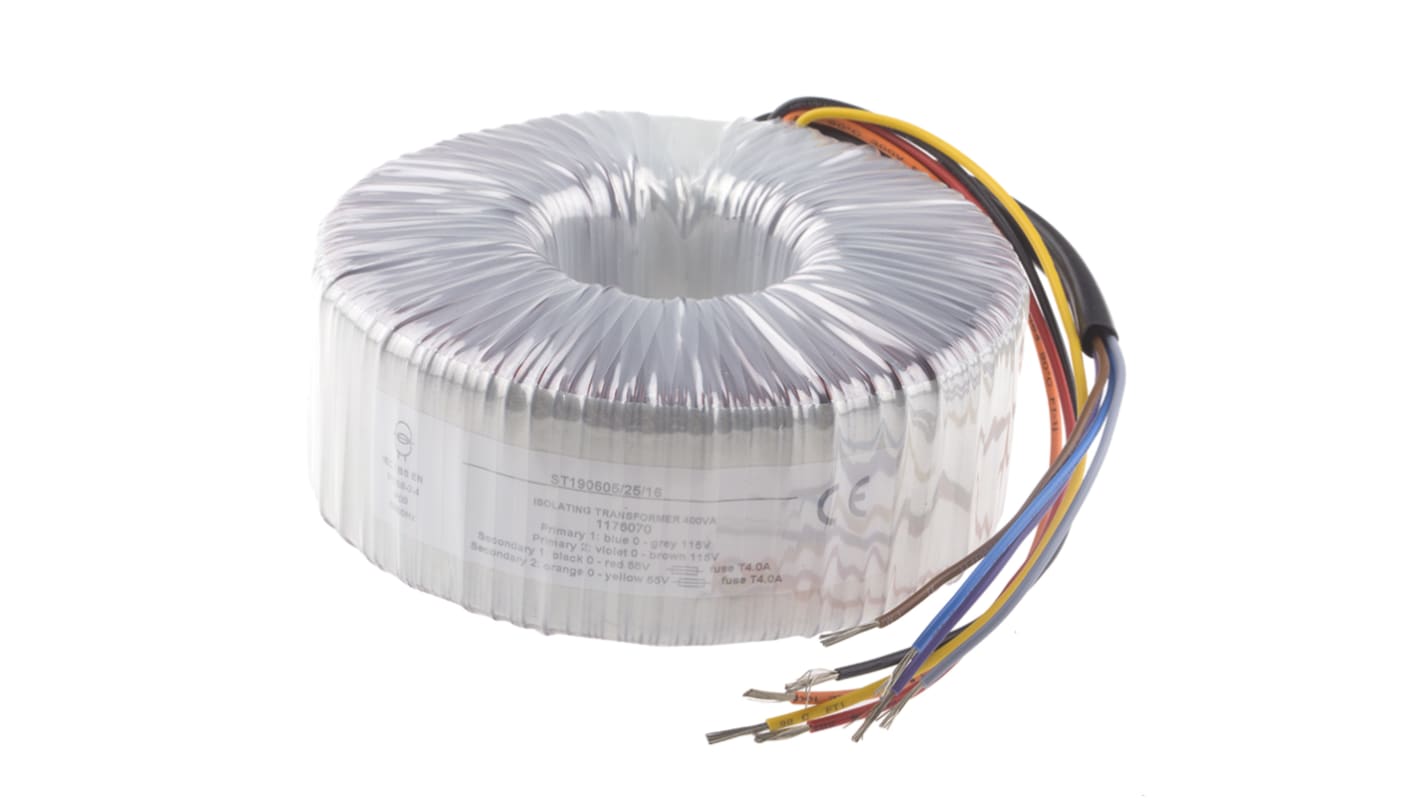 Transformador toroidal RS PRO, Tensión 2 x 55V ac, Potencia 400VA, 2 salidas, Montaje superficial