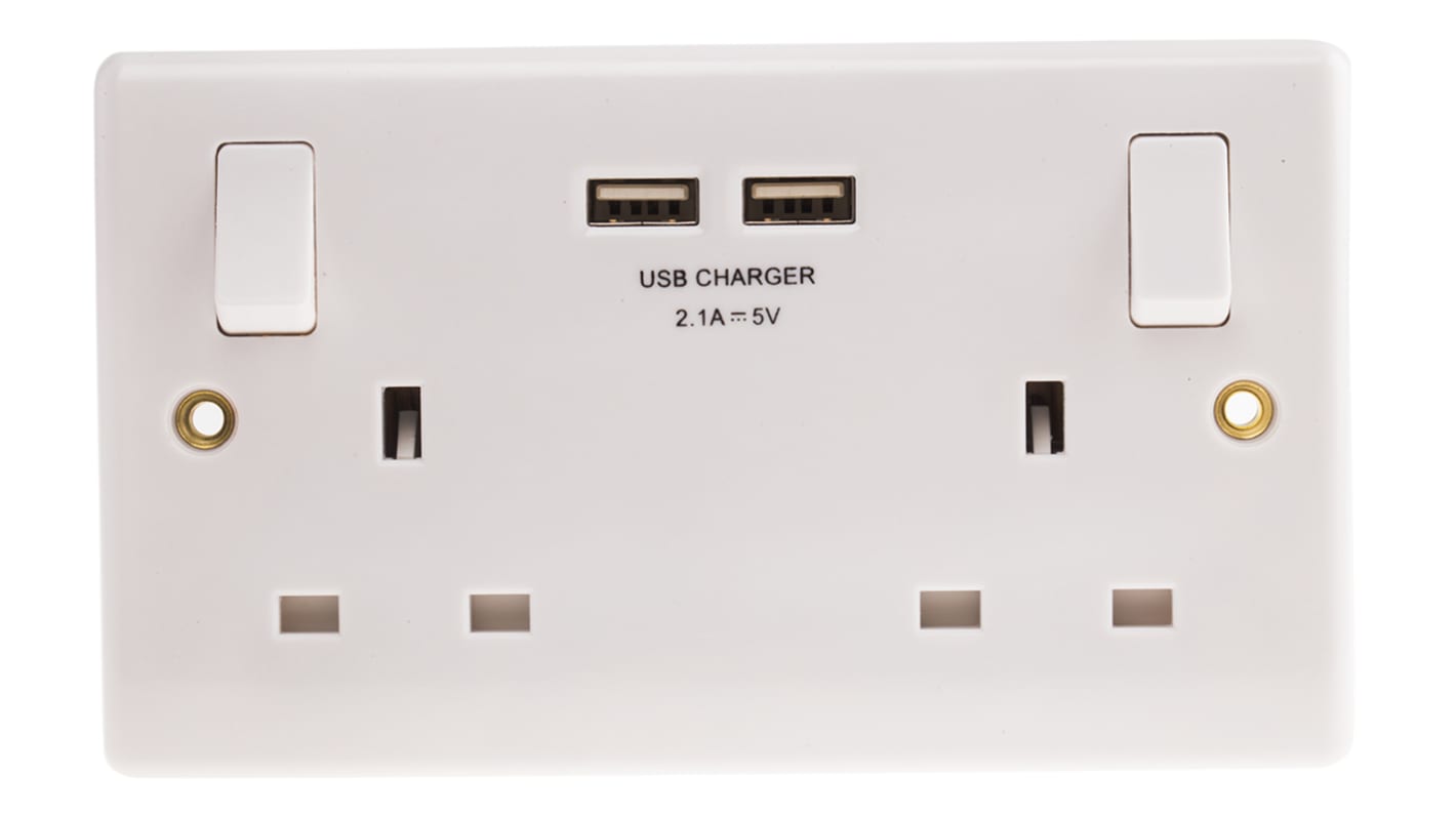 BG Electrical 2 Gang Plug Socket, 1 Pole, 13A, Type G - British, USB