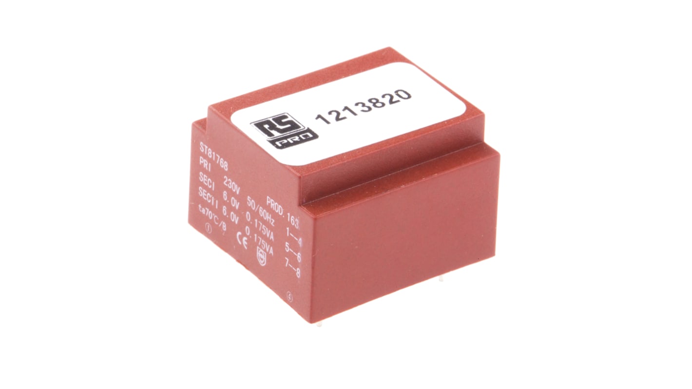 RS PRO Printtrafo, Trafo 230V ac / 2 x 6V ac 0.35VA 2 Ausg. 22mm x 23mm x 15mm 25g PCB-Montage