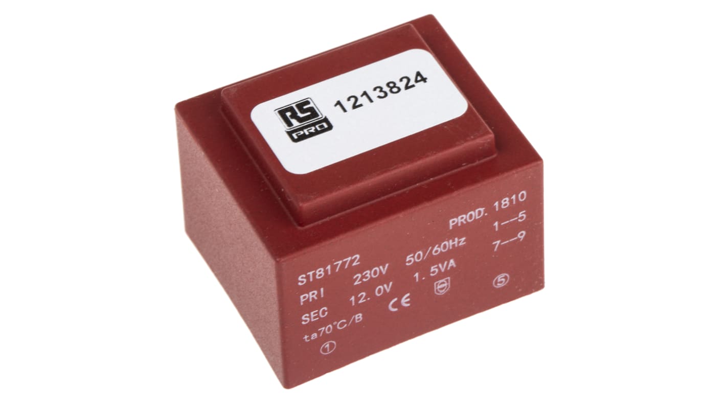 RS PRO 1 x 12V ac 1 Output PCB Mount PCB Transformer, 1.5VA