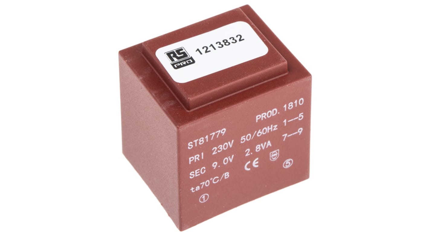 RS PRO 1 x 9V ac 1 Output PCB Mount PCB Transformer, 2.8VA