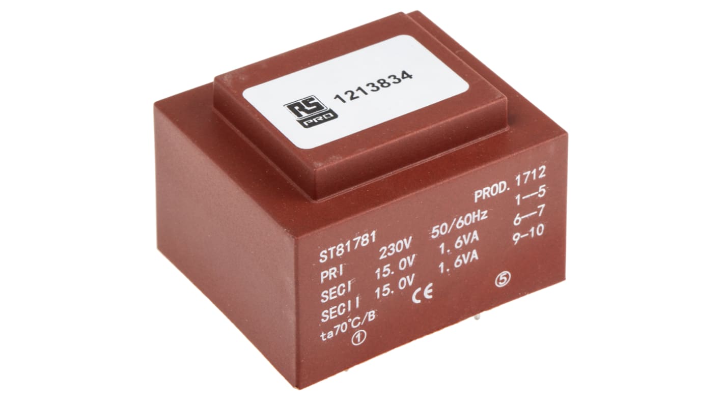 RS PRO 2 x 15V ac 2 Output PCB Mount PCB Transformer, 3.2VA