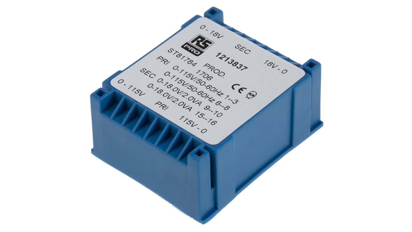 Transformateur pour circuit imprimé RS PRO, 2 x 18V c.a., 115 → 230V c.a., 4VA, 2 sorties