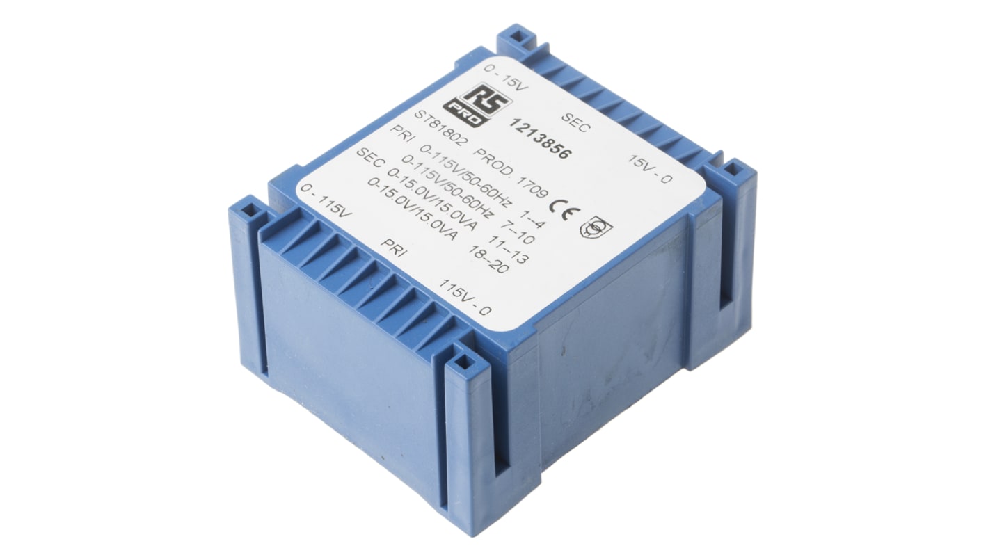 Transformateur pour circuit imprimé RS PRO, 2 x 15V c.a., 115 → 230V c.a., 30VA, 2 sorties