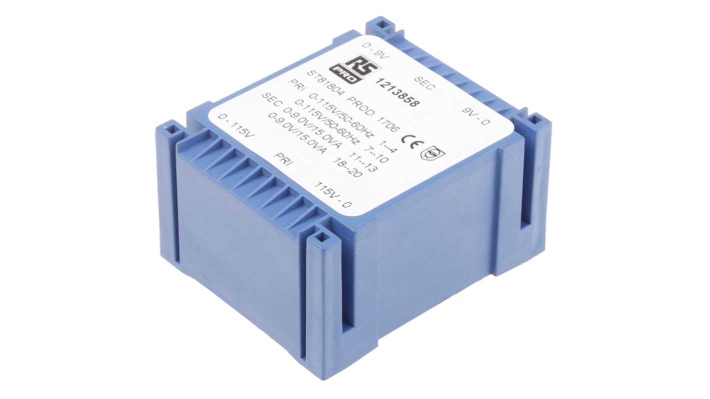 Transformateur pour circuit imprimé RS PRO, 2 x 9V c.a., 115 → 230V c.a., 30VA, 2 sorties