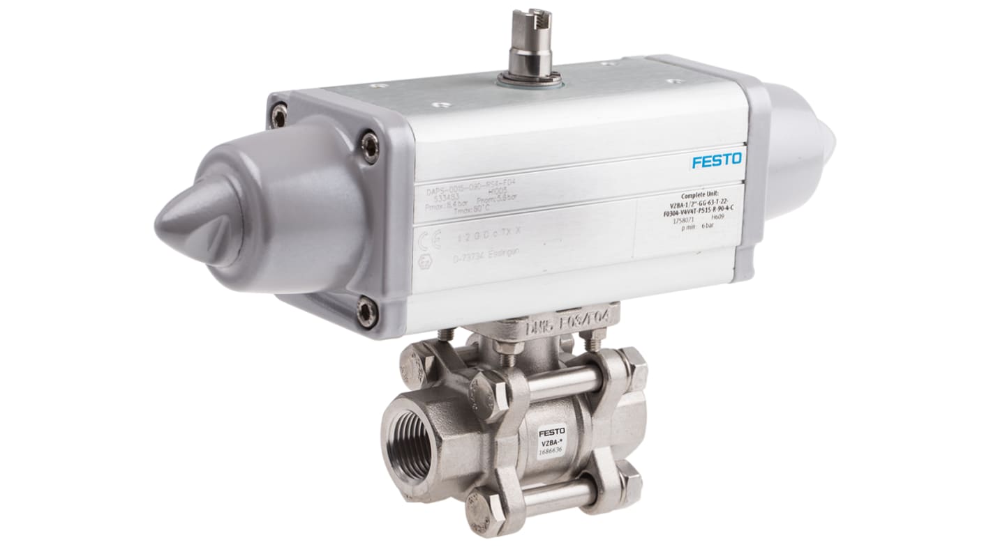 Festo Pneumatisk aktiveret ventil, Kugleventil, VZBA-1/2"-GG-63-T-22-F0304-V4V4T-PS15-R-90-4-C