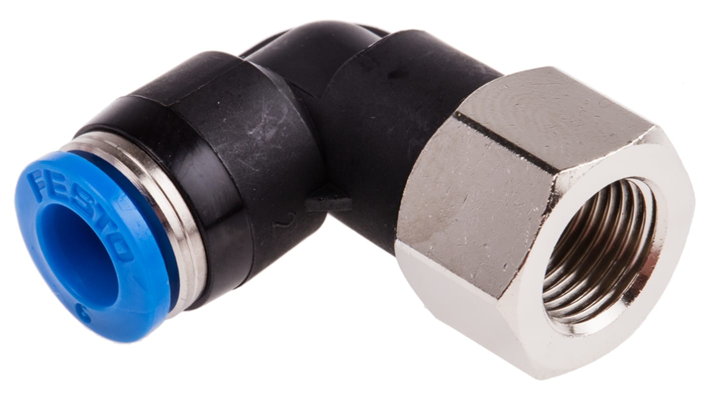 Adaptateur fileté coudé Festo QS vers Enfichable 6 mm G 1/8 Femelle 1 x G 1/8 Femelle, entrée 1 x