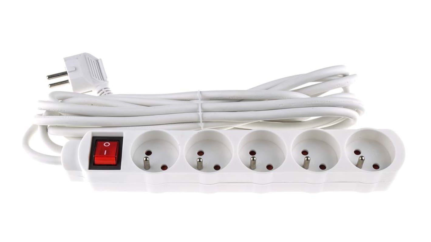 Regleta de enchufes RS PRO, con interruptor, long. cable 4m, 5 tomas Tipo E - francés, 230 V ac, 16A