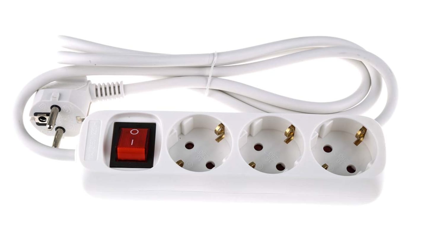 Hosszabbító vezeték 1.5m,3 Socket ,Unwound Current Rating 16A CEE 7/7 német Schuko / francia,230 V AC,Fehér F típusú –