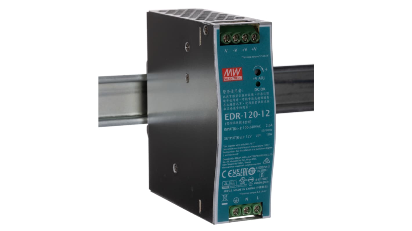 MEAN WELL EDR Switch Mode DIN Rail Power Supply, 90 → 264V ac ac Input, 12V dc dc Output, 10A Output, 120W