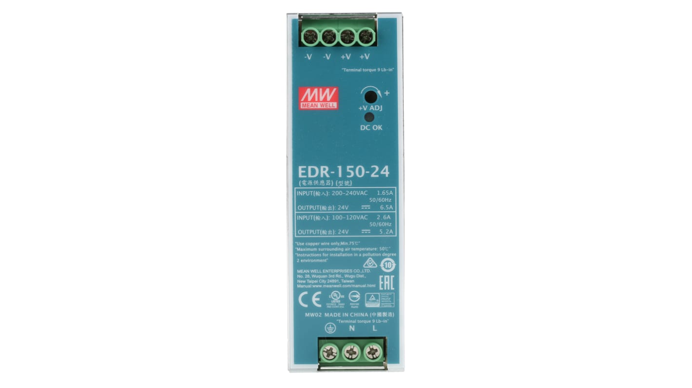 MEAN WELL EDR Switched Mode DIN Rail Power Supply, 90 → 264V ac ac Input, 24V dc dc Output, 6.5A Output, 150W