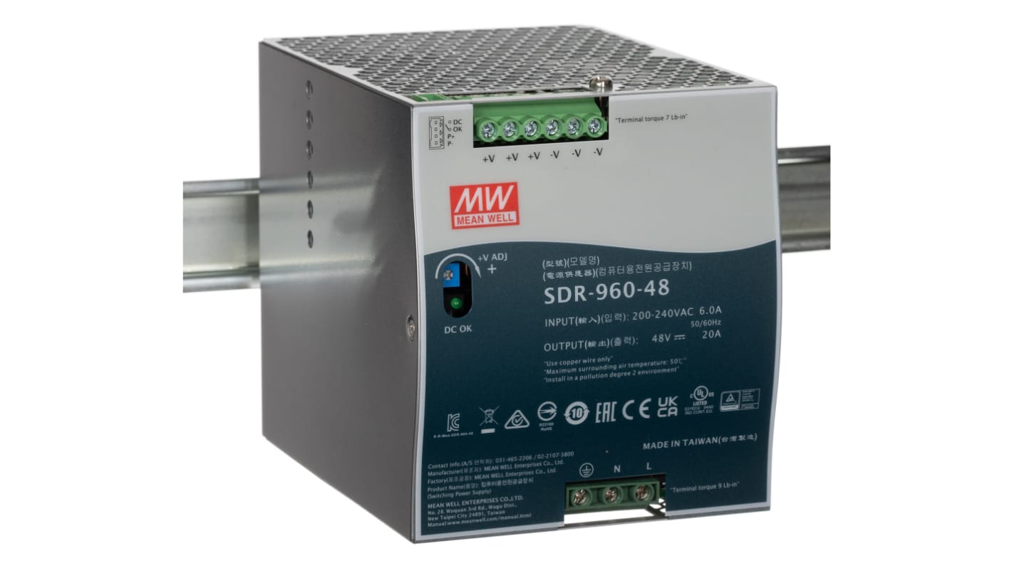 MEAN WELL SDR Getaktet DIN-Schienen Netzteil 960W, 180 → 264V ac, 48V dc / 20A