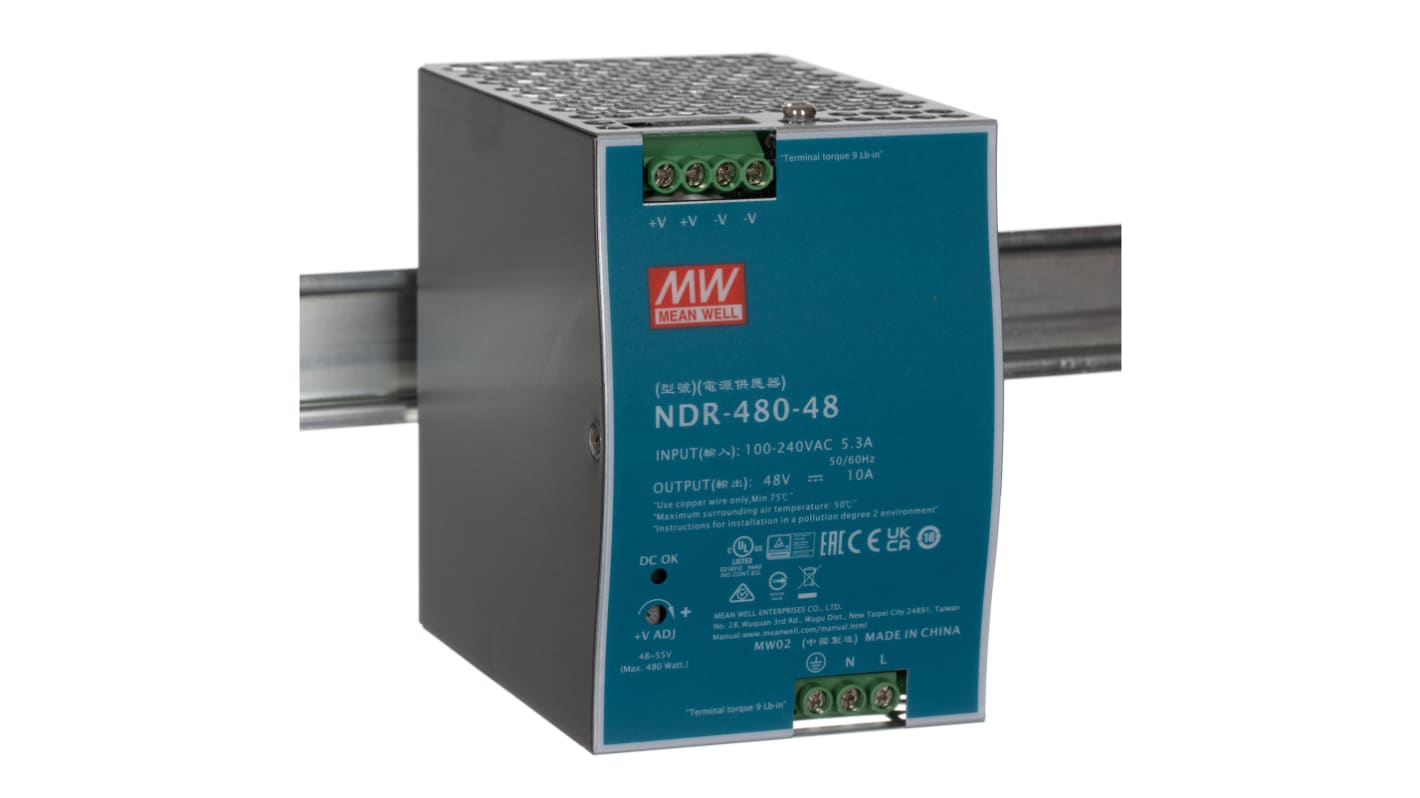 NDR-480-48 | MEAN WELL NDR Switched Mode DIN Rail Power Supply, 90 → ...