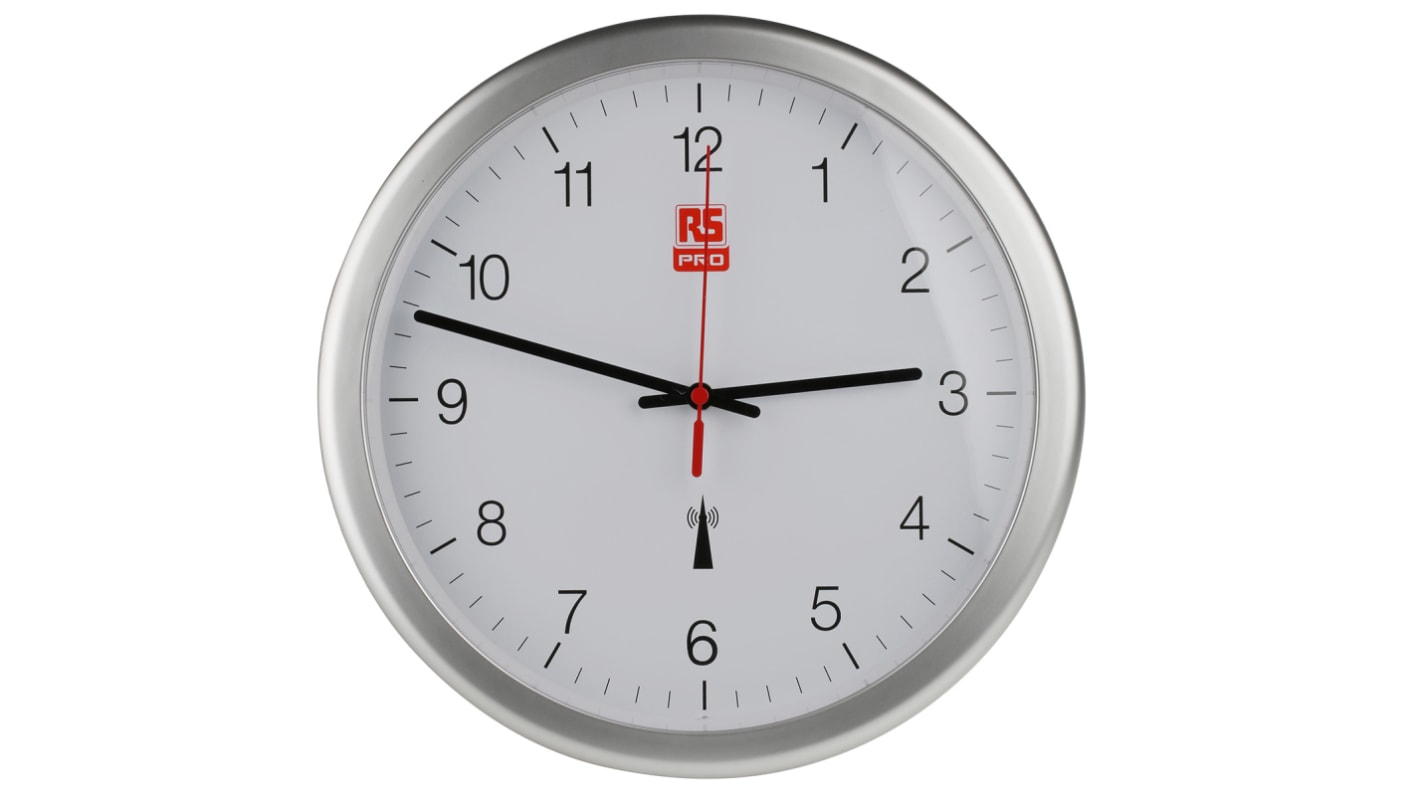 RS PRO Silver Radio Controlled Analogue Wall Clock, 300mm Diameter