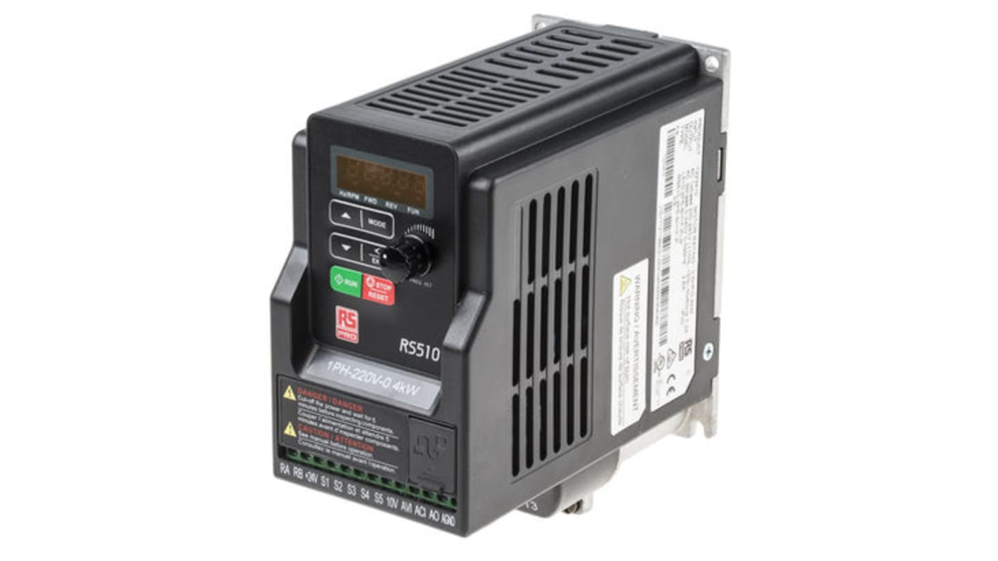 RS PRO, 1-Phasen Frequenzumrichter 0,4 kW, 230 V ac / 7,2 A 0.01 → 599Hz für Wechselstrommotoren