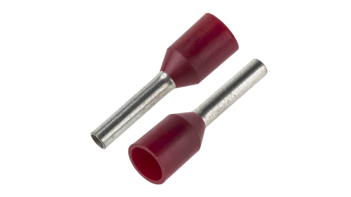 JST, FTR Insulated Crimp Bootlace Ferrule, 8mm Pin Length, 1.4mm Pin Diameter, 1mm² Wire Size, Red